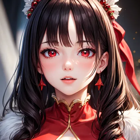 1girl, beautiful vampire queen, brunette long hair, red eyes, wearing a sexy red Christmas dress, showing, ultrasharp, 8k, looking at the viewer, ((best quality)), ((masterpiece)), (detailed), perfect face