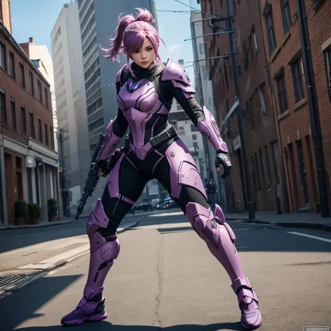 warframe, (pink purple hair), full body, dynamic pose, 1girl, solo, ray tracing, (masterpiece), (best quality), (detailed), (detailed tactical gear:1.1), (body armor:1.1), combat pants, gloves, (intricate background:1.1),