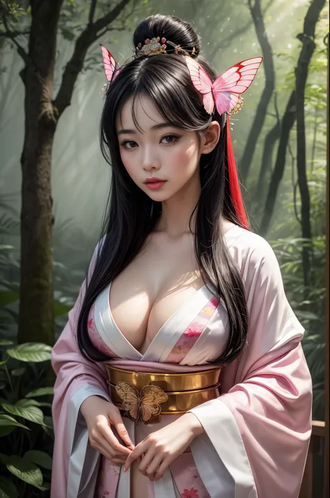 A beautiful young Japanese geisha, with black hair, silky skin, gorgeous eyes, beautiful lips, big firm breasts, wearing a beautiful white and pink sexy kimono with adornments, with butterfly wings behind her head, posing in a misty forest, beautiful sexy ...