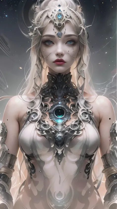 （best qualtiy，ultra - detailed，Most Best Illustration，Best shadow，tmasterpiece，A high resolution，professionalartwork，famousartwork），Detailed eyeeautidful eyes，closeup cleavage，sci-fy，colored sclera，Robot eyeace markings，Tattooed with，（fractalized，Fractal e...