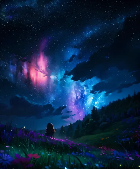 Describe a scene where a cute girl character is lying on a grassy hill, Looking up at the starry sky. Surround her with colorful nebulae and her favorite constellations.