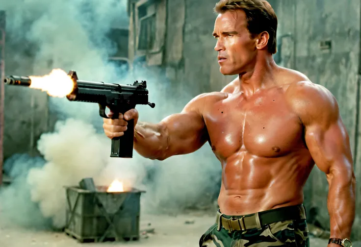 (best quality,4k,8k,highres,masterpiece:1.2),ultra-detailed,realistic:1.37,arnold schwarzenegger,brutal,vivid colors,sharp focus,machine gun in hand,shooting,burst fire,empty casings dropped down ,explosions on background,dramatic lighting,strong shadows,p...