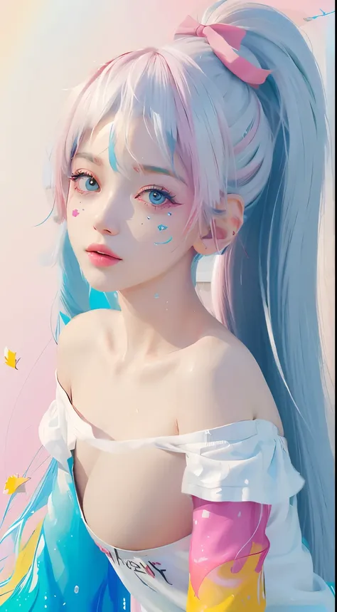 High ponytail,wear white hair,Very long hair,Pink hair accessories,Colossal tits