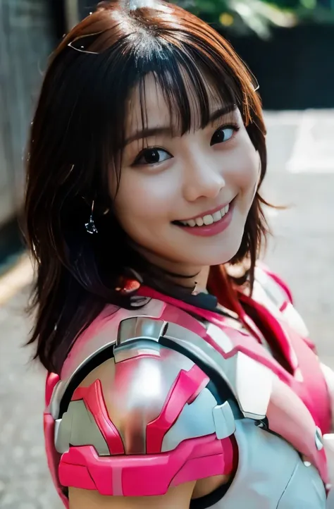 pink power range lemele、realistic, shiny pink and white suit、power rangers bodysuit、professional photo japanese model,fleshy bod...