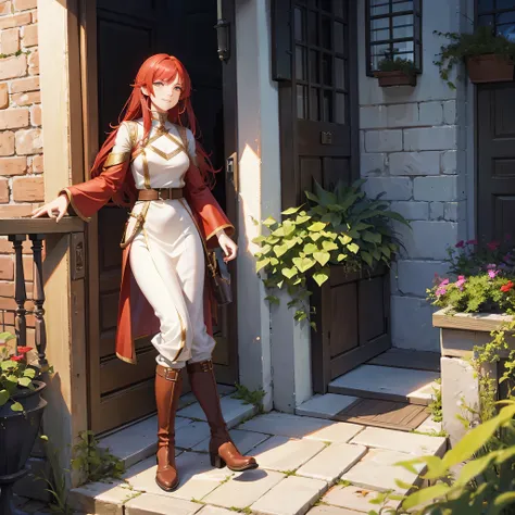 Full body portrait of Ileosa Arabasti from the Pathfinder Roleplaying Game, flowing mid-length red hair, wearing commoner clothes with boots, on the porch of a country house, serene expression, looking at the horizon, solo character