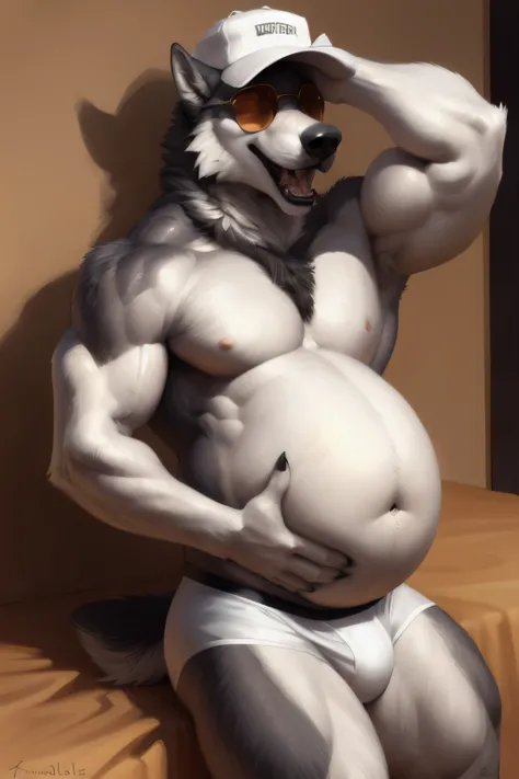 (by NOMMZ, by taran fiddler), solo, anthro, male, (dark gray and white wolf), (white underwear boxer:1.2) (wearing white hat:1.2) (open mouth:1.2) (one hand rubbing belly:1.3)wearing black sunglasses ((sun glasses on eyes))), (tail), handsome, solo, big pe...