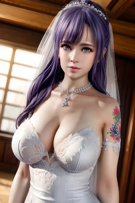 birds eyes view,1 girl,fiona,(in wedding dresses_Crystal dress),(Tattooed with),(gigantic cleavage breasts),鎖骨, Chopping,detailed hair,(Tattooed with),(tmasterpiece:1.5),( Best quality at best:1.4), ultra - detailed,(((Realistic))),8K,{ (realisticlying:1.3...