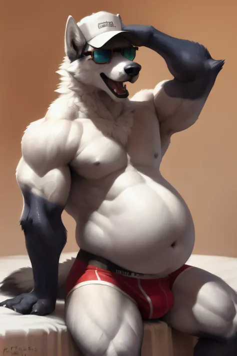 (by NOMMZ, by taran fiddler), solo, anthro, male, (dark gray and white wolf), (white underwear boxer:1.2) (wearing white hat:1.2) (wearing white undershirt showing off belly:1.3), (open mouth:1.3), (one hand rubbing belly:1.3)wearing black sunglasses ((sun...