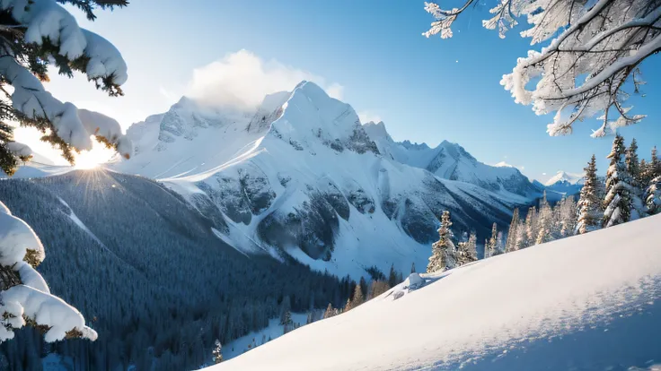 snow mountains，tree branch，