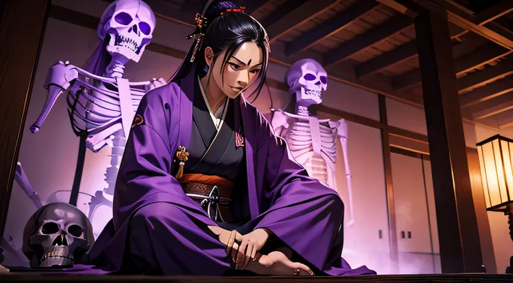 Samurai, Purple kimono, Grinning, red aura, Sitting cross-legged, surrounded by skeletons