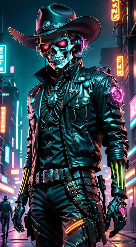 cyber punk personage,skeleton robot cowboy sheriff,mysterious dark background,neonlight,cybernetically enhanced,weapons of the f...