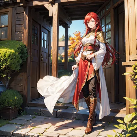 Full body portrait of Ileosa Arabasti from the Pathfinder Roleplaying Game, flowing mid-length red hair, wearing commoner clothes with boots, on the porch of a country house, serene expression, looking at the horizon, solo character