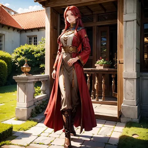 Full body portrait of Ileosa Arabasti from the Pathfinder Roleplaying Game, flowing mid-length red hair, wearing commoner clothes with boots, on the porch of a country house, serene expression, looking at the horizon, solo character