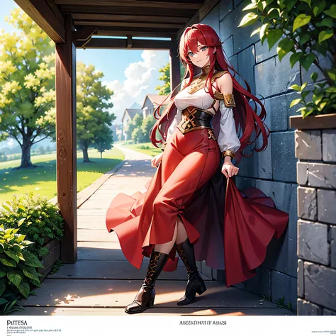 Full body portrait of Ileosa Arabasti from the Pathfinder Roleplaying Game, flowing mid-length red hair, wearing commoner clothes with boots, on the porch of a country house, serene expression, looking at the horizon, solo character