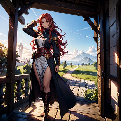 full body portrait of ileosa arabasti from the pathfinder roleplaying game, flowing mid-length red hair, wearing commoner clothe...