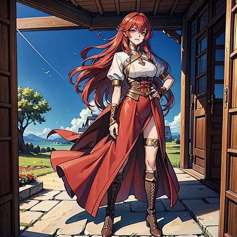 Full body portrait of Ileosa Arabasti from the Pathfinder Roleplaying Game, flowing mid-length red hair, wearing commoner clothes with boots, on the porch of a country house, serene expression, looking at the horizon, solo character