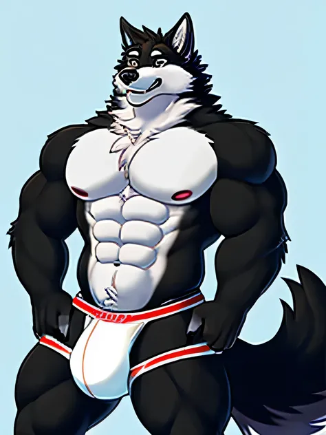 Single, wolf, black, furry, anthro, body fur, wolf tail, muscular , jockstrap, big bulge