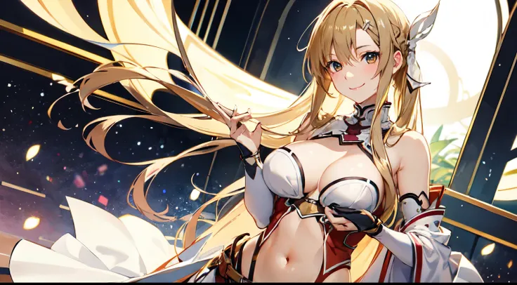 asuna from sword art online in a sexy outfit standing seductively her eyes shining with a smile on her face her hands to her sides ((best quality)), ((masterpiece)), (detailed), perfect face