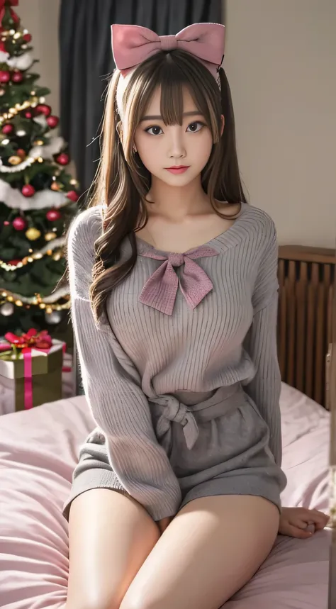 female student、20yr old、Long gray hair、realistically、k hd、Sexy clothes、Christmas clothes、in pink、Bow knot、Stand by the bed，Symmetrical thighs、Have a well-proportioned figure、It looks beautiful