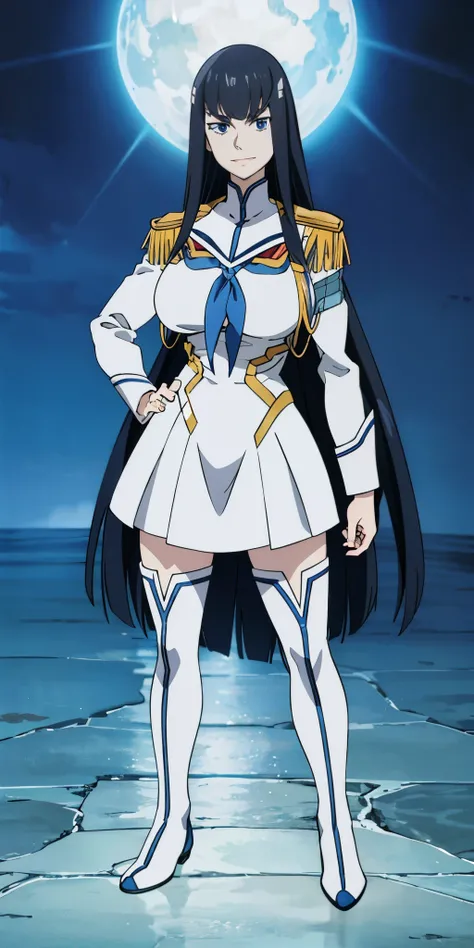 masterpiece, high quality, best quality, 1girl, (muscular female:1.0), (super gigantic breasts:1.0), (closed mouth, half smile), kiryuin satsuki, blue eyes, epaulettes, hairclip, school uniform, skirt, white thigh boots, anime screencap, anime key visual, ...