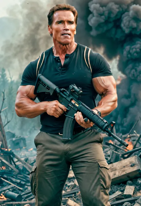 (best quality,4k,8k,highres,masterpiece:1.2),ultra-detailed,realistic:1.37,arnold schwarzenegger,brutal,vivid colors,sharp focus,rpg-7, grenade launcher, shooting,burst fire,empty casings dropped down ,explosions on background,dramatic lighting,strong shad...