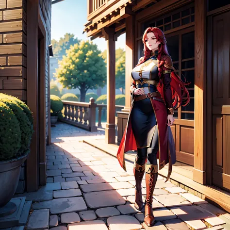 Full body portrait of Ileosa Arabasti from the Pathfinder Roleplaying Game, flowing mid-length red hair, wearing commoner clothes with boots, on the porch of a country house, serene expression, looking at the horizon, solo character