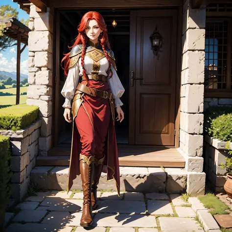 Full body portrait of Ileosa Arabasti from the Pathfinder Roleplaying Game, flowing mid-length red hair, wearing commoner clothes with boots, on the porch of a country house, serene expression, looking at the horizon