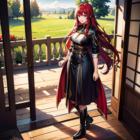 Full body portrait of Ileosa Arabasti from the Pathfinder Roleplaying Game, flowing mid-length red hair, wearing commoner clothes with boots, on the porch of a country house, serene expression, looking at the horizon, solo character