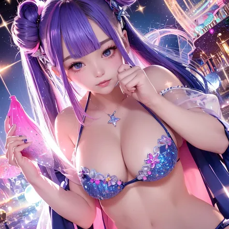 The upper part of the body、one girls、I have dark blue hair color、Two-tone、(Pink Highlight Hair、Bun hair、very Bigger breasts、Lace Bikini(sparkling jewel design)Sparkling jewel lace decoration on the body、Countless glowing spheres float、Glowing soap bubbles、...