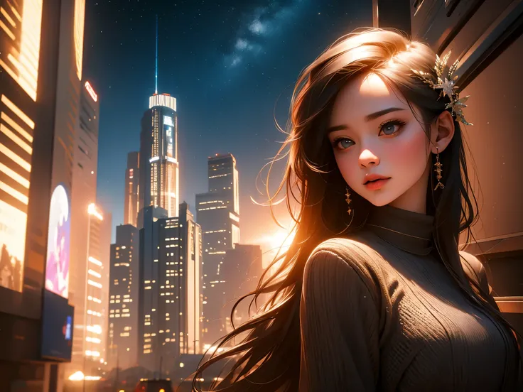 (best quality,4k,8k,highres,masterpiece:1.2),ultra-detailed,(realistic,photorealistic,photo-realistic:1.37),girl,city night view,hill,moon,shooting stars,milky way [illustration,landscape],beautiful detailed eyes,beautiful detailed lips,extremely detailed ...