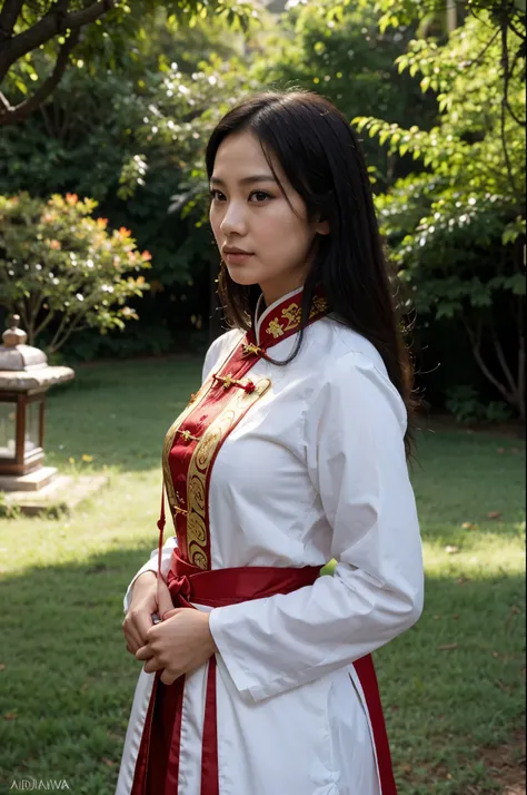 Chinese woman wearing traditional costumes, foto realista, lighting dramatic, foto de perfil, mulher chinesa jovem, 25 anos, jardim ao fundo com flores, exelente qualidade, ultra realista, linda jovem, rosto perfeito