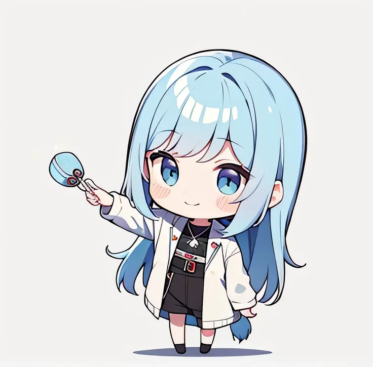 超A high resolution, nffsw, Best aesthetic, Best Quality, masutepiece, Flat Avatar, Perfect litthing、(colourfull、vivd colour: 1.4)、do not change poses, Running,Has black and light blue hair,　is man, A smile, hair adornments, Chibi, Light blue jacket、simple ...