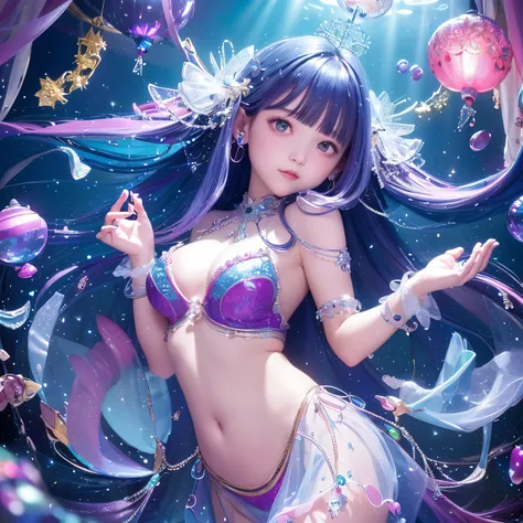 The upper part of the body、one girls、I have dark blue hair color、Two-tone、(Pink Highlight Hair、curlyhair、Jewel design tiary、seminude、Only panties、Sparkling jewel lace decoration on the body、Countless glowing spheres float、Glowing soap bubbles、shining chand...