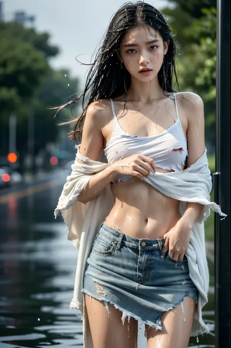 Best picture quality, masterpiece, ultra high resolution, (fidelity :1.4), photo, 1 girl,[(sadness)],white shirt,Skirt， Dim, dark, desperate, pitying, pitiful, cinematic,tear,teardrop,(Torn clothes:1.5), (Wet clothes:1.4), bare shoulders,Real rain,wet hair...