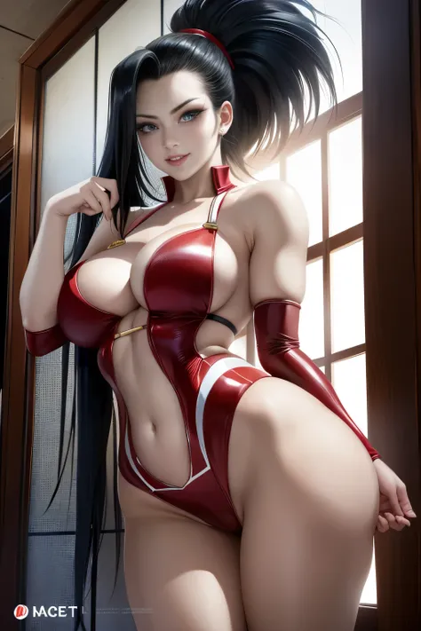 yaoyorozu momo,center opening red leotard, 1 girl,18yo,(red blush,smile), messy long black hair, beautiful detailed face, Seductive smile, beautiful detailed eyes, Navel, White skin, highleg, Detailed ice, absurderes,High Art, Ridiculous resolution, High r...