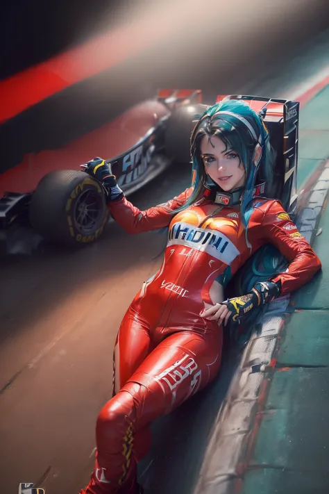 ((cuerpo completo):2) (({only one Women}:1.2):{((Dressed in red Formula 1 racer suit)1.2), ((Cabello largo y azul hasta los hombros, Brillantes ojos verdes) 1.3), ((Making an erotic pose in a Formula 1 car, Mirando al espectador, sonriente):1.3), ((senos e...