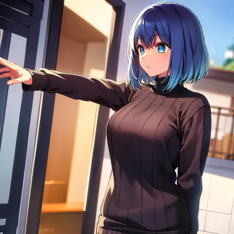 masterpiece, best quality, highres, 1girl, hmakane, blue hair, short hair, gradient hair, medium breasts, sweater dress, turtlen...