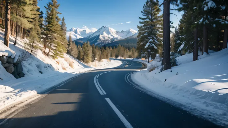 Winding Road，The nearby trees are covered with snow，