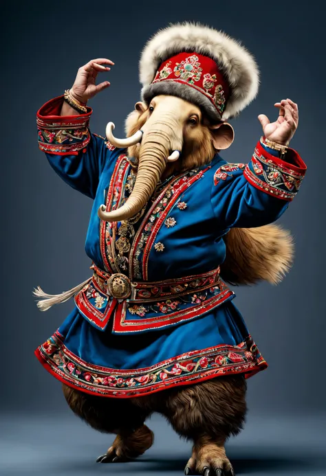 photorealistic portrait of Dressed animals - a fat baby mammoth cossack dancer,(cossack dancing dynamic action pose),  high quality,(lovely) ,intricate details, highly detailed ((cossack dance costume)) ,highly detailed decorations,, (happy), studio lighti...