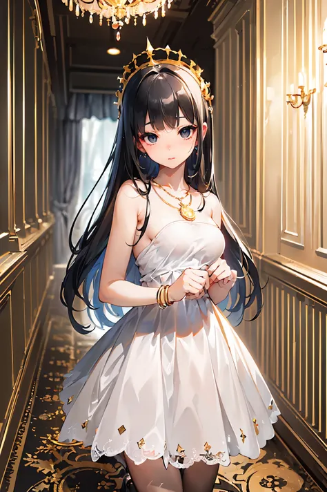 ((flat chest:1.6)),((cowboy  shot)),((Gorgeous dress based on white:1.5,A luxurious dress decorated with golden dragon scales:1.3,beautifully detailed gemstones,Gorgeous necklace with lots of jewels:1.3,luxury gold bracelet:1.3)),BREAK((Luxury Hotel Hall:1...