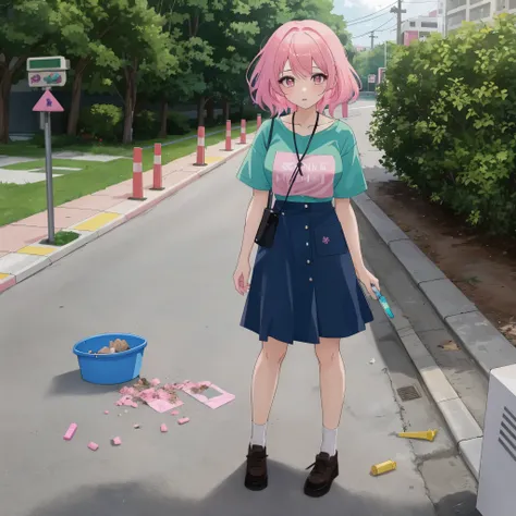 girl with pink hair, pink eyes, green shirt, blue skirt, taking drugs, using a needle, needles on the ground, trash on the ground, dirty, poop on the ground, pee on the ground, woman is pooping