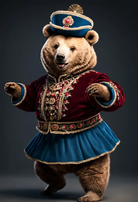 photorealistic portrait of Dressed animals - a fat  baby bear cossack dancer,(cossack dancing dynamic action pose),  high quality,(lovely) ,intricate details, highly detailed ((cossack dance costume)) ,highly detailed decorations,, (happy), studio lighting...