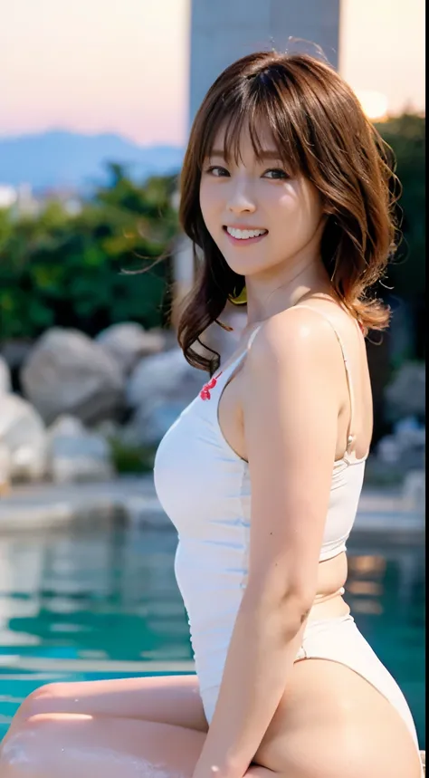 (((solo person))),(((A young actress with outstanding style poses for a gravure photoshoot at an old hot spring inn with an evening atmosphere.))),(((Enjoy the hot springs by soaking yourself up to your waist in a small mixed rock bath with a beautiful sun...