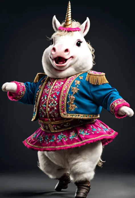 photorealistic portrait of Dressed animals - a fat  baby  unicorn cossack dancer,(cossack dancing dynamic action pose),  high quality,(lovely) ,intricate details, highly detailed ((cossack dance costume)) ,highly detailed decorations,, (happy), studio ligh...