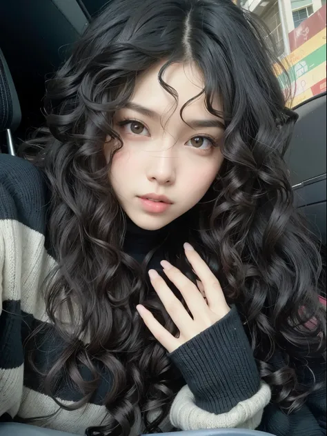 araffe with longos cabelos cacheados pretos and a black sweater, com cacheado longo hair, franja encaracolado, long messy curly hair, cabelos brancos cacheados, preto longo cabelo encaracolado longo, Ulzzang, messy curly hair, longos cabelos cacheados pret...