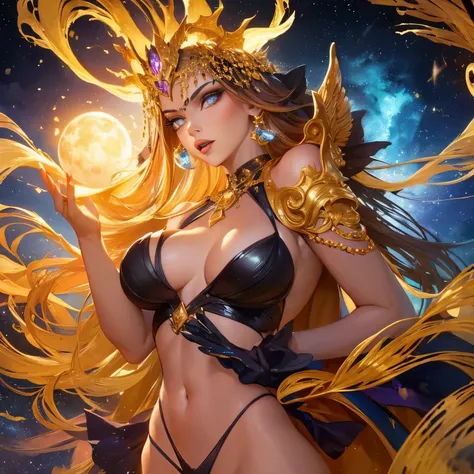 (best quality,highres,masterpiece:1.2),ultra-detailed,realistic,phenomenal,burning pheonix towering over a beautiful goddess keeling with a scorpio on her shoulder at night time surrounded by stars water and the moon,portraits,horror,moonlit scene,vibrant ...