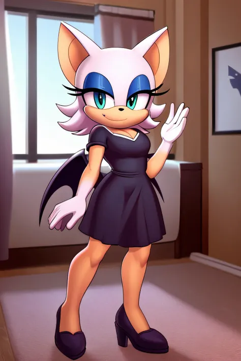 Rouge the Bat in a short black flared dress, bedroom, smile, seductive, standing, 2D Art, 2D Style.