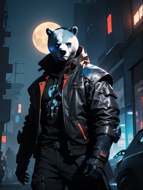 character design, cyberpunk bear, bear, brown bear, blue eyes, background full moon, radiance.