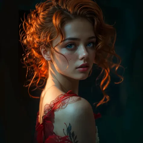 1 girl, Alone, freckle, eBlue eyes, looking at viewert, cparted lips, actual, sportrait, curlies, exposed bare shoulders, curlies, orange color hair, nase, redheadwear, red cparted lips, parted cparted lips, eyeslashes, back to look back