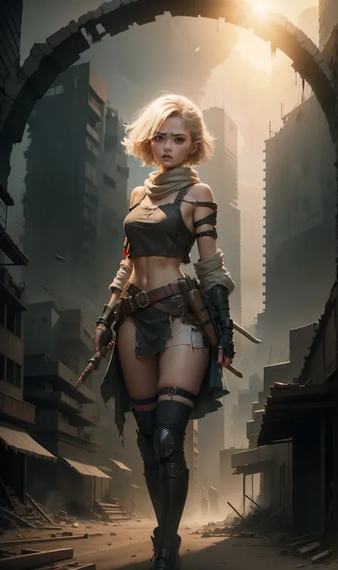 Dry sand dystopian world, dust and wind, in shattered concrette build ruins, servicing beautiful sexy blonde black haired woman victim warrior in rags and torn under panties, holding sharpend wooden stick tip covered in blood, no armor, no guns, 36k resolu...